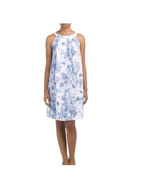 Bellambia Sleeveless White and Blue Floral Halter Mini Dress